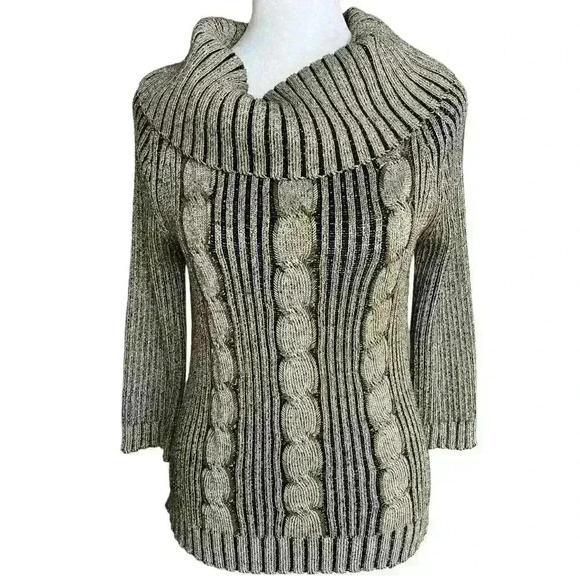 Vintage gold & black metallic beaded 3/4 sleeve cowl neck sweater size M - Picture 1 of 9